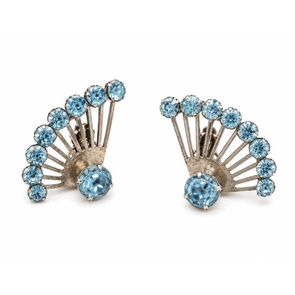 Coro Katz Design Vintage Fan Screw Back Earrings Blue Rhinestone Silver Tone